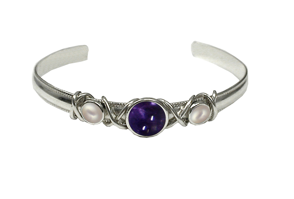 Sterling Silver Hand Made Cuff Bracelet With Iolite And Cultured Freshwater Pearl